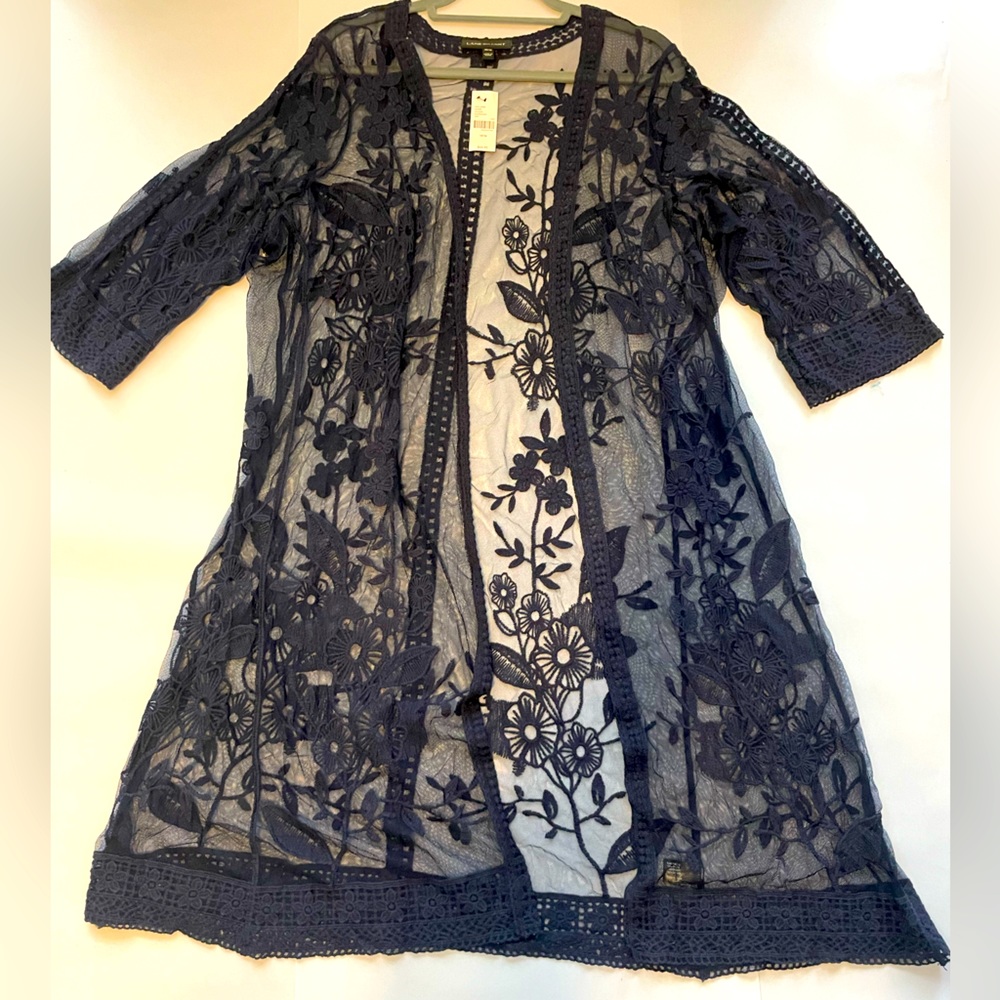 NWT LB Lane Bryant Navy Blue floral lace over-piece duster cover-up 14/16